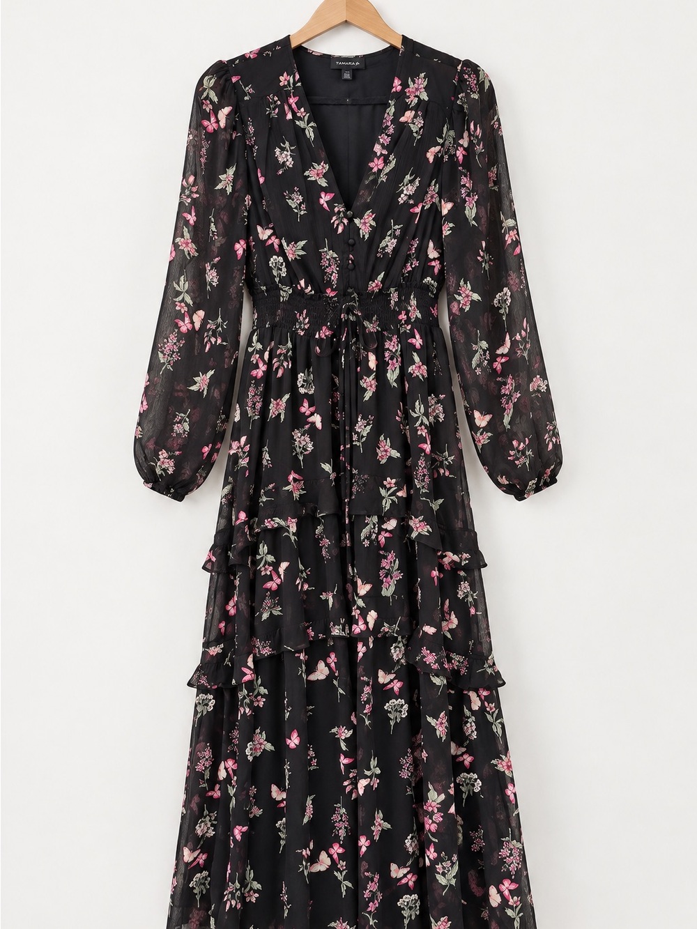 Black Floral Tiered Maxi Dress with Pink Accents
